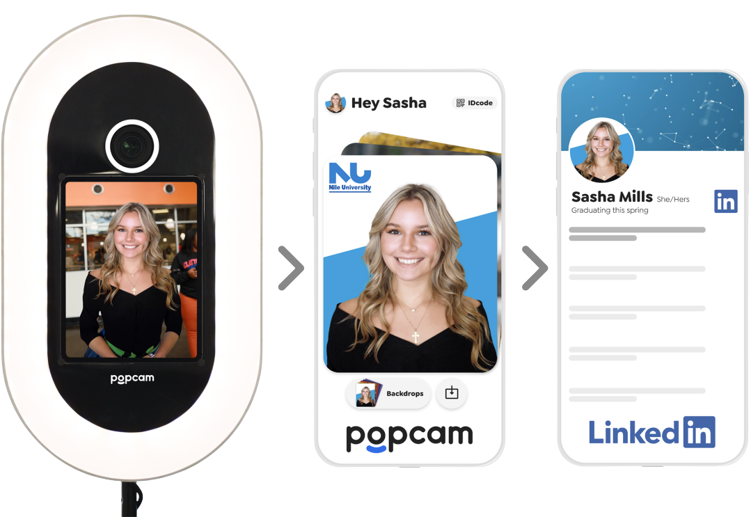 Popcam kiosk, web app, and LinkedIn profile showing a headshot in 60 seconds